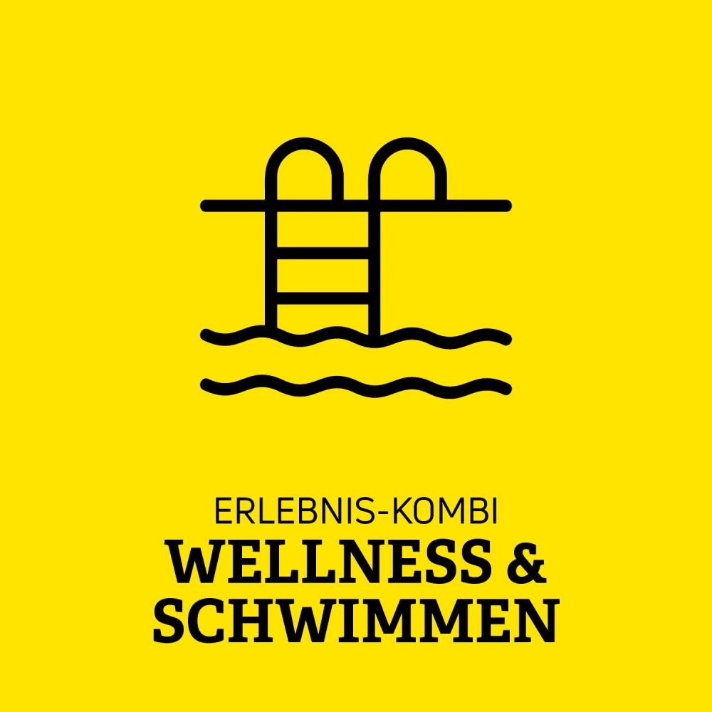 Gelbe Kachel mit einer Schwimmbeckenleiter und Wasser und der Schrift Erlebnis-Kombi Wellness und Schwimmen