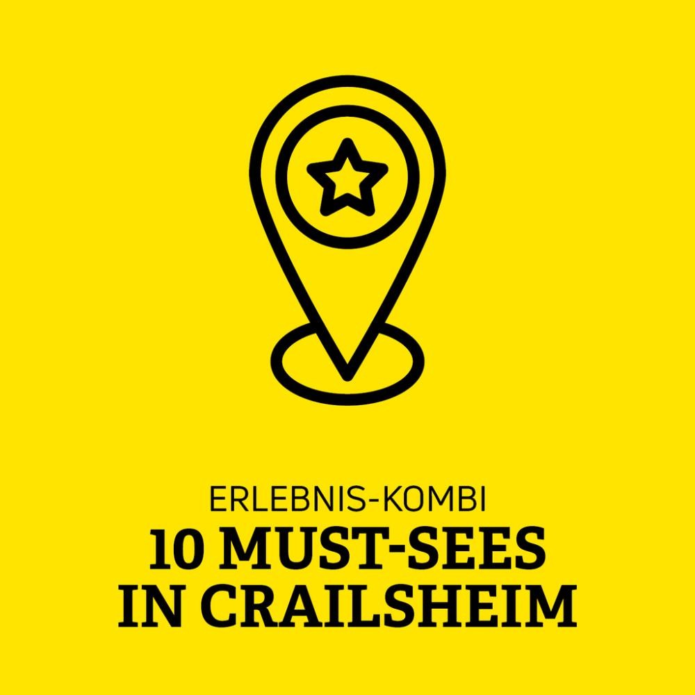 Gelbe Kachel mit einer Standortnadel und der Schrift Erlebnis-Kombi 10 Must-sees in Crailsheim