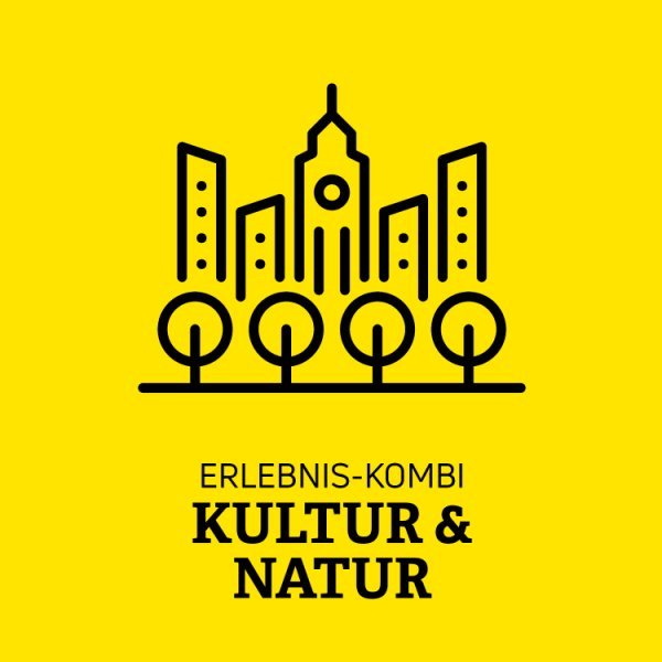 Gelbe Kachel mit Bäumen und Stadtgebäuden im Hintergrund und der Schrift Erlebnis-Kombi Kultur und Natur