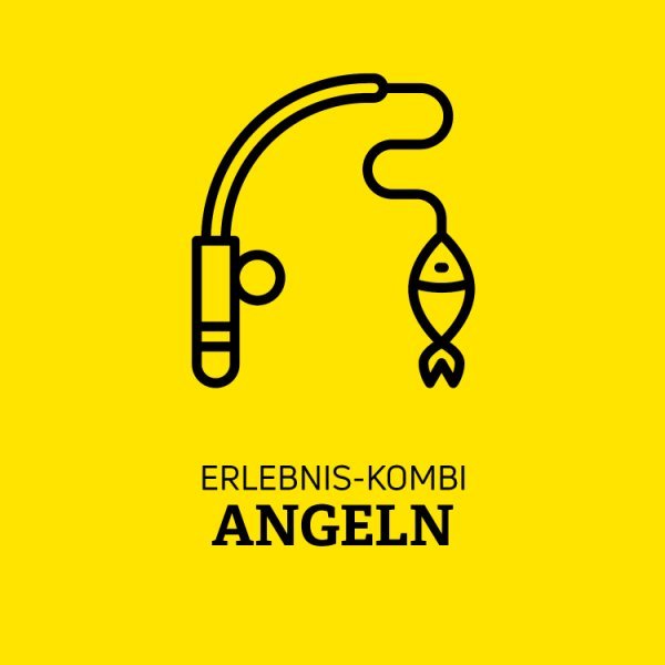 Gelbe Kachel mit einer Angel mit einem Fisch am Haken und der Schrift 