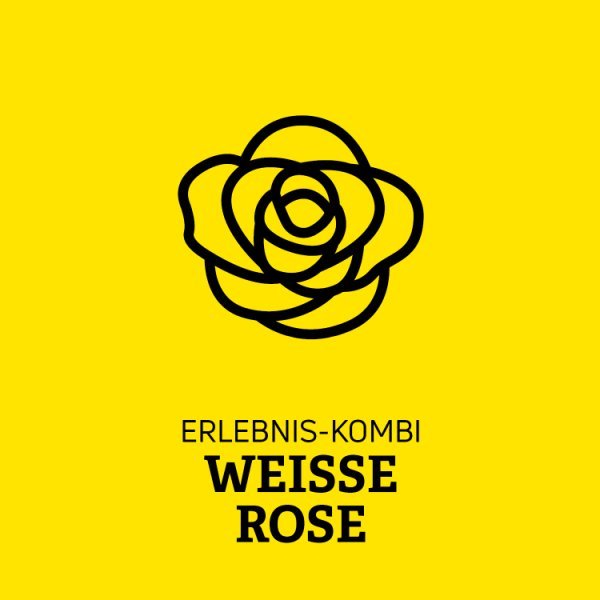 Gelbe Kachel mit einer Rose und der Schrift Erlebnis-Kombi Weiße Rose