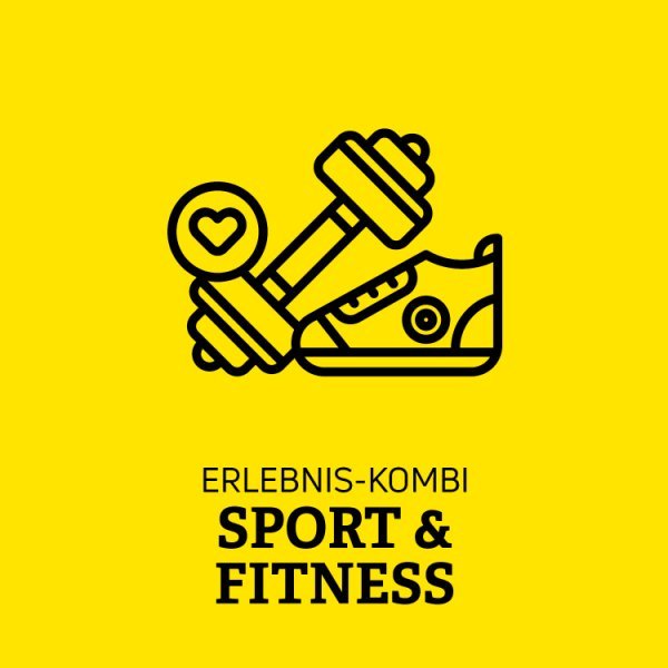 Gelbe Kachel mit einem Herz, einer Hantel und einem Sportschuh und der Schrift Erlebnis-Kombi Sport und Fitness